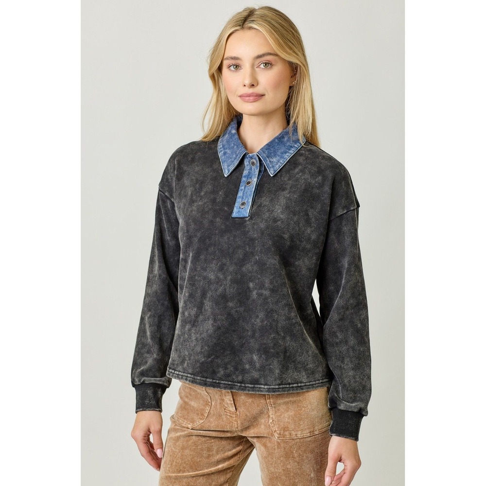 Mystree Denim Collar Acid Wash Pullover Shirt Charcoal Grey Small NEW